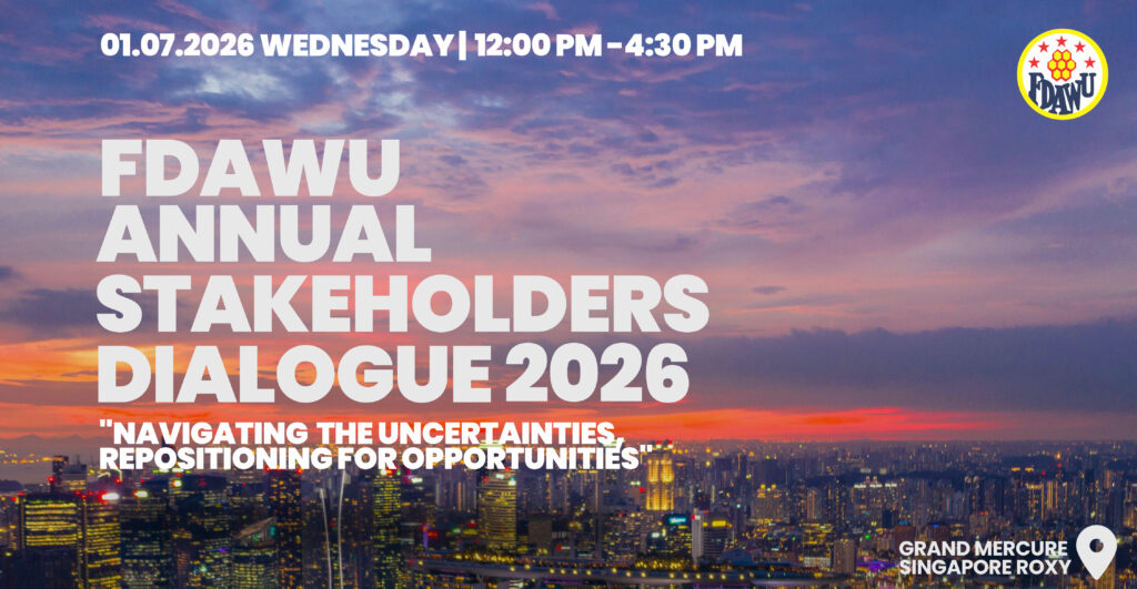 Photo of Singapore Skyline in the evening with the message FDAWU Stakeholder Dialogue 2026