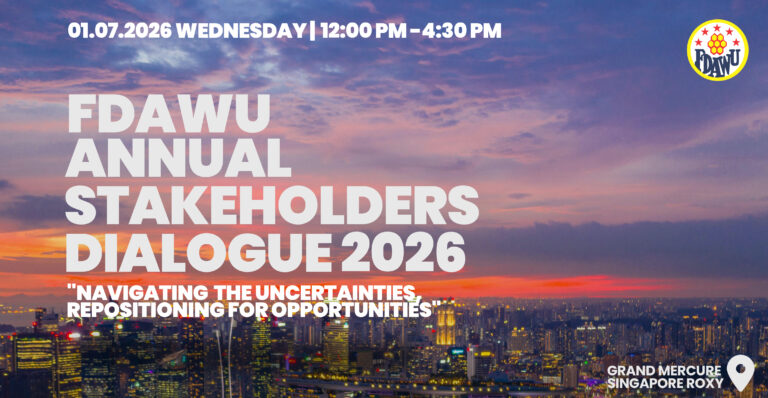 Photo of Singapore Skyline in the evening with the message FDAWU Stakeholder Dialogue 2026